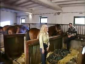 Красивая телка трахается с двумя жеребцами в конюшне